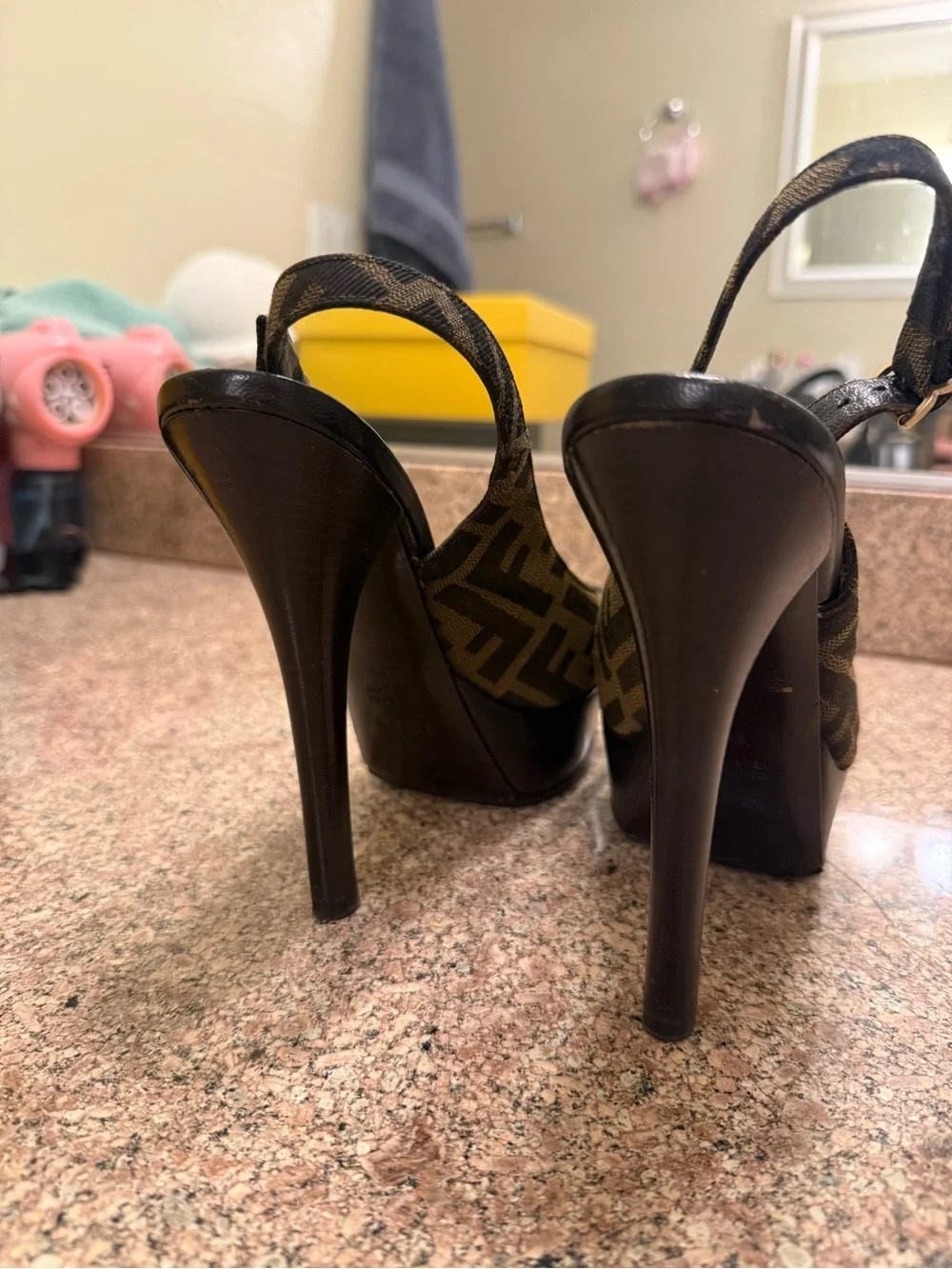 Fendi Brown FF Canvas Slingback Platform Pumps with Gold Buckle